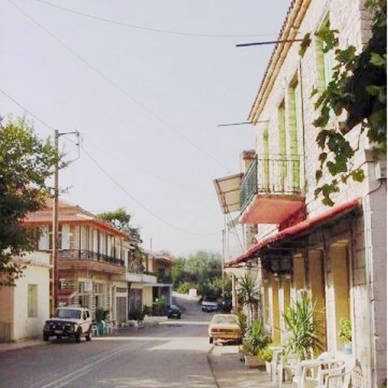 Main street Mirtias. Beautiful sleepy village.