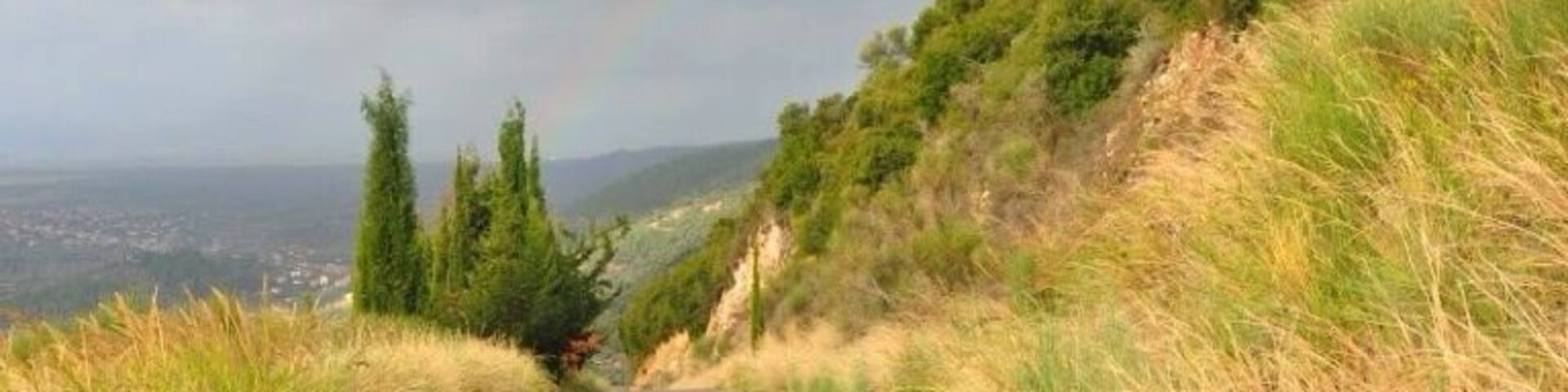 Rainbow coming down the mountain road from Mirtias/Thermo.