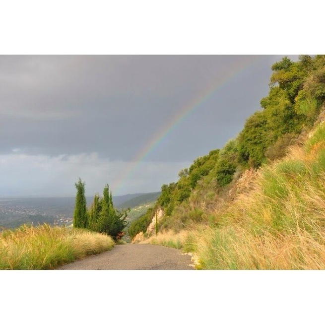 Rainbow coming down the mountain road from Mirtias/Thermo.