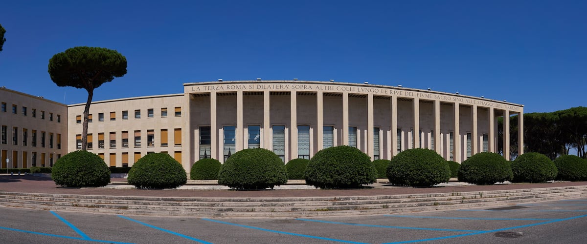 Panoramic view of Palazzo degli Uffici (offices palace) and piazzale delle fontane at EUR in Rome, example of the rationalist architecture of the first half of the 20th century