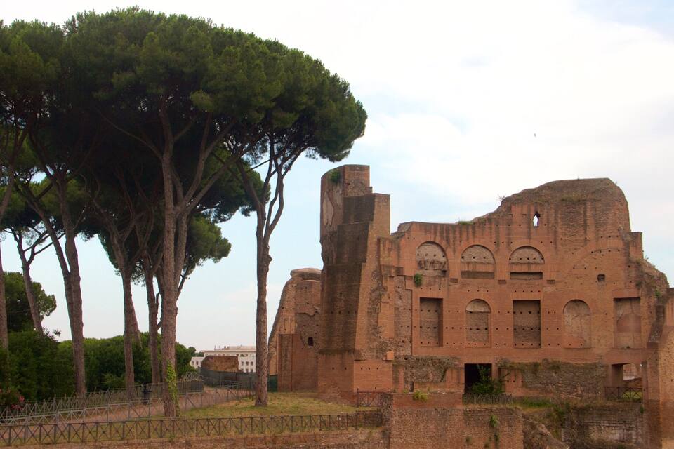 Ancient ruins with arched windows and a large tree in the foreground.