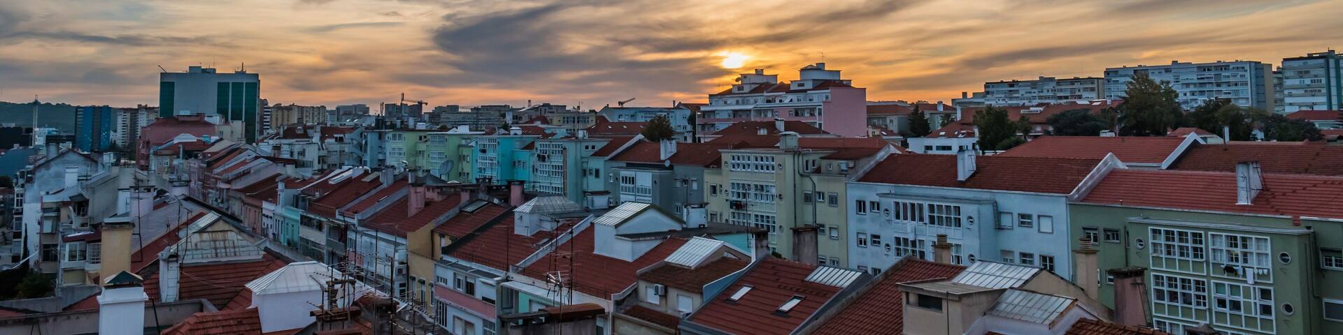 Buildings viewed from above in Alvalade neighborhood at sunset, Lisbon PORTUGAL