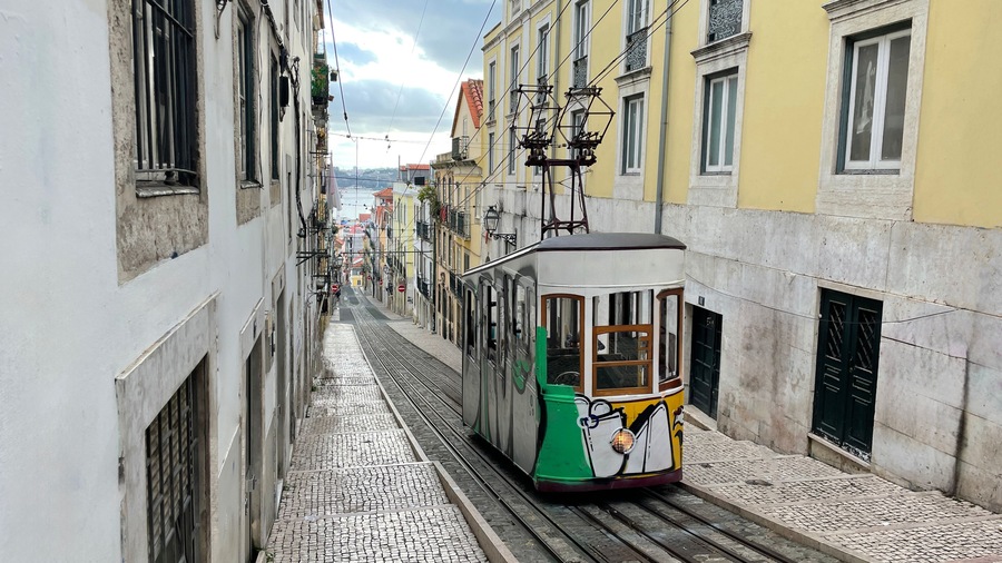 A view of the incline and Bica tram, Lisbon, Portugal