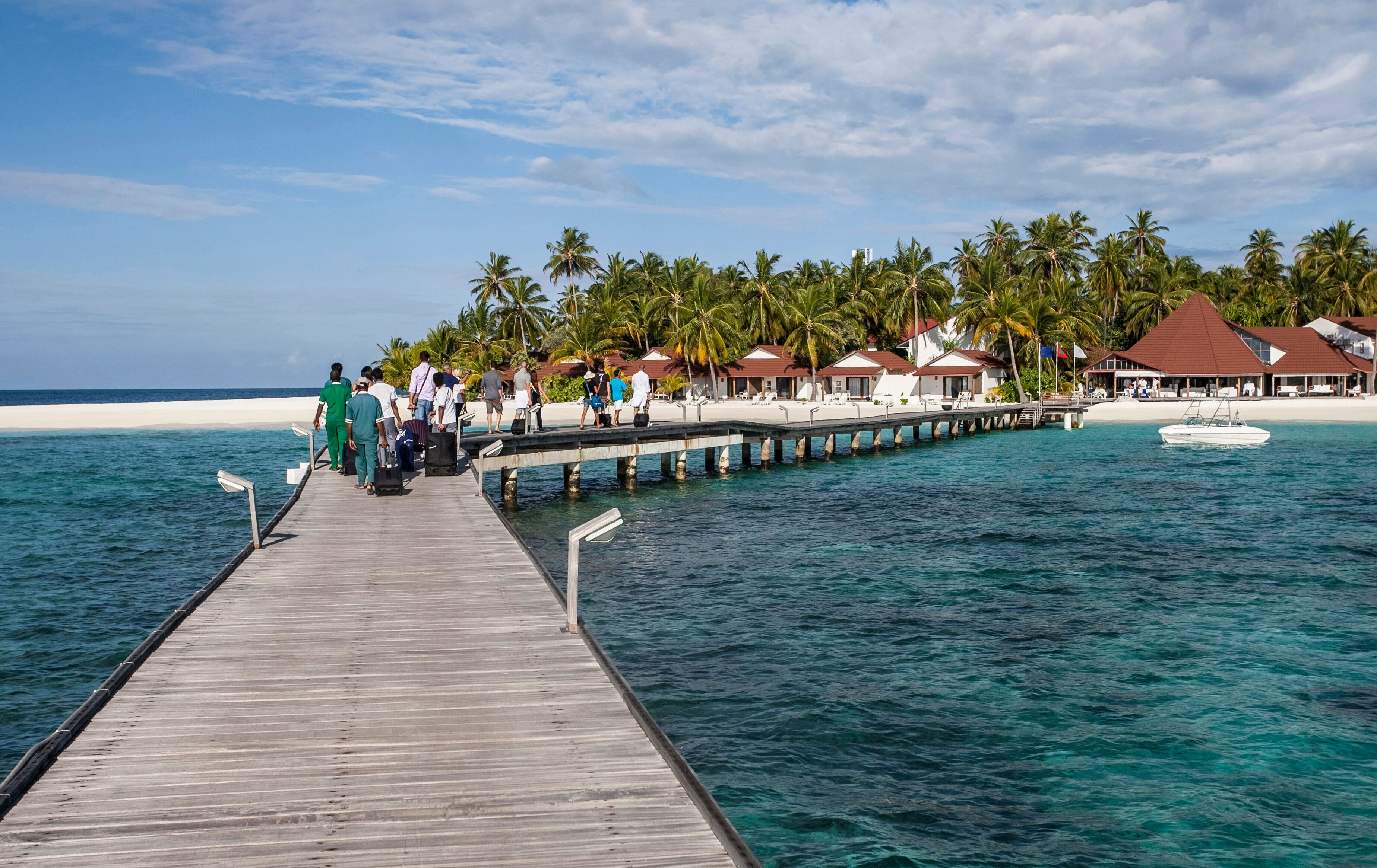 A wooden pier extending into turquoise waters, lined with palm trees and overwater bungalows.