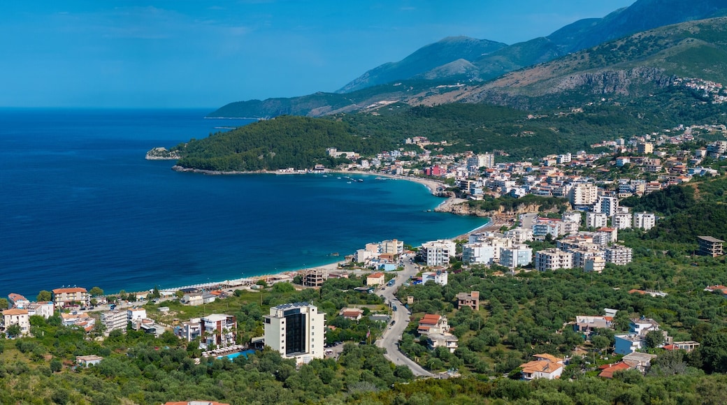 Panoramic aerial image of Himare, a small city in the coast of Albanian Riviera.