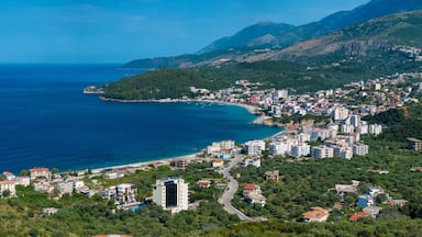Panoramic aerial image of Himare, a small city in the coast of Albanian Riviera.
