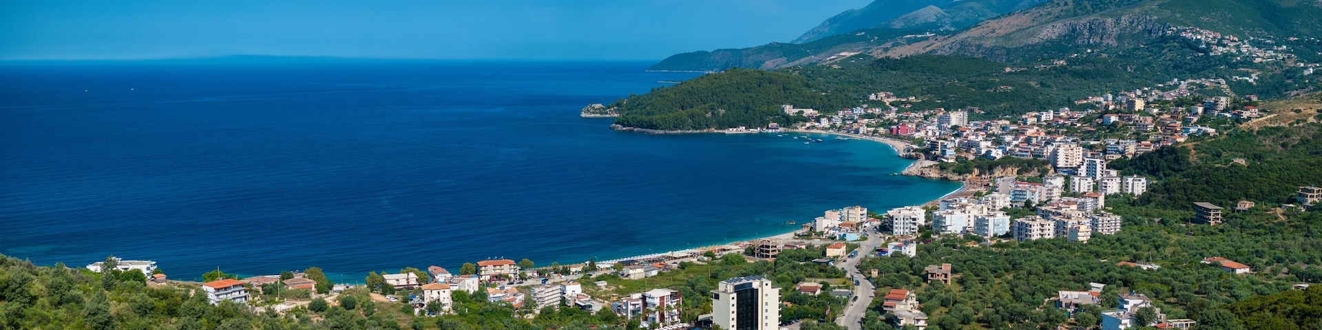 Panoramic aerial image of Himare, a small city in the coast of Albanian Riviera.