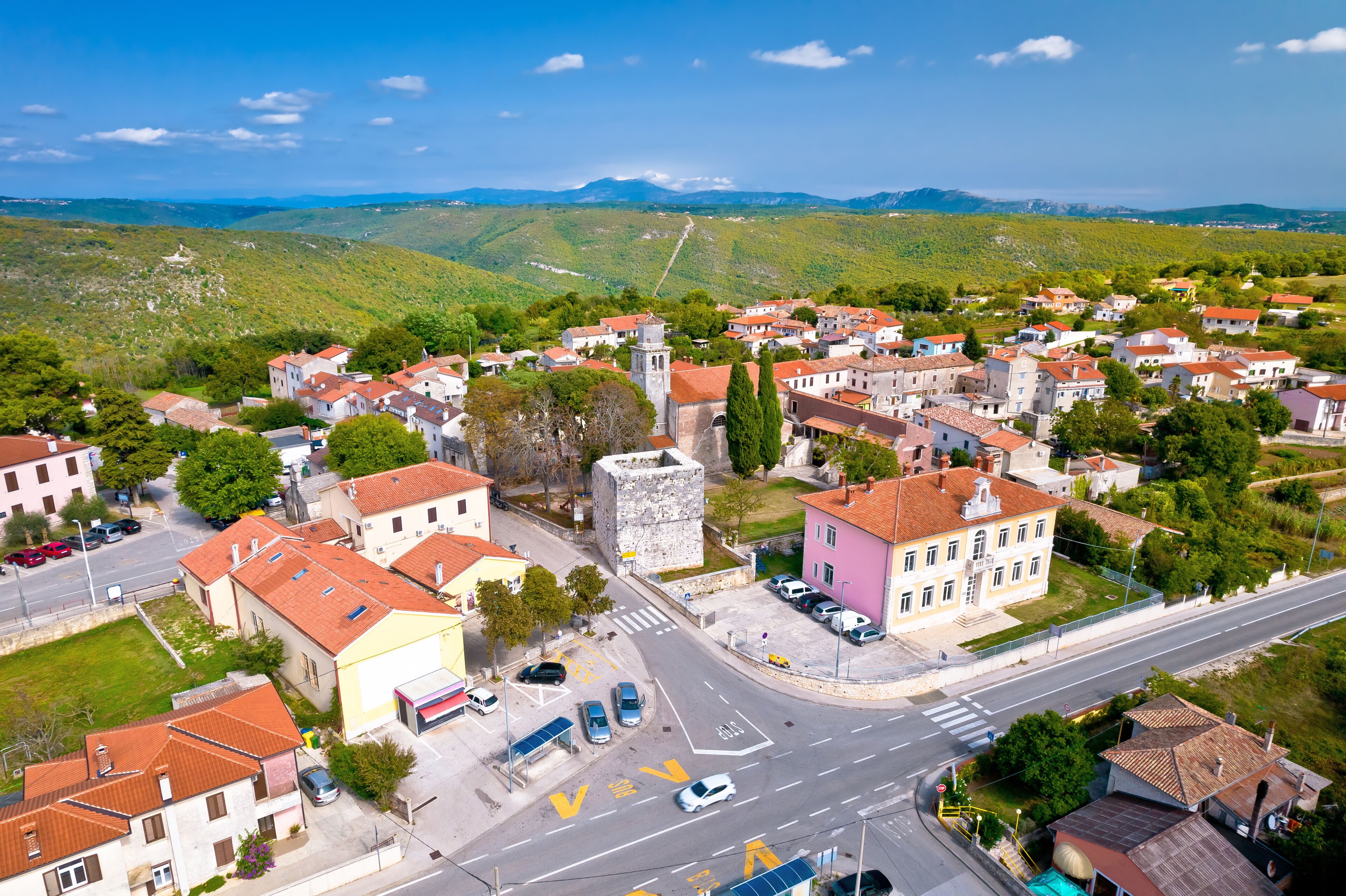 Town of Barban on picturesque Istrian hill aerial view