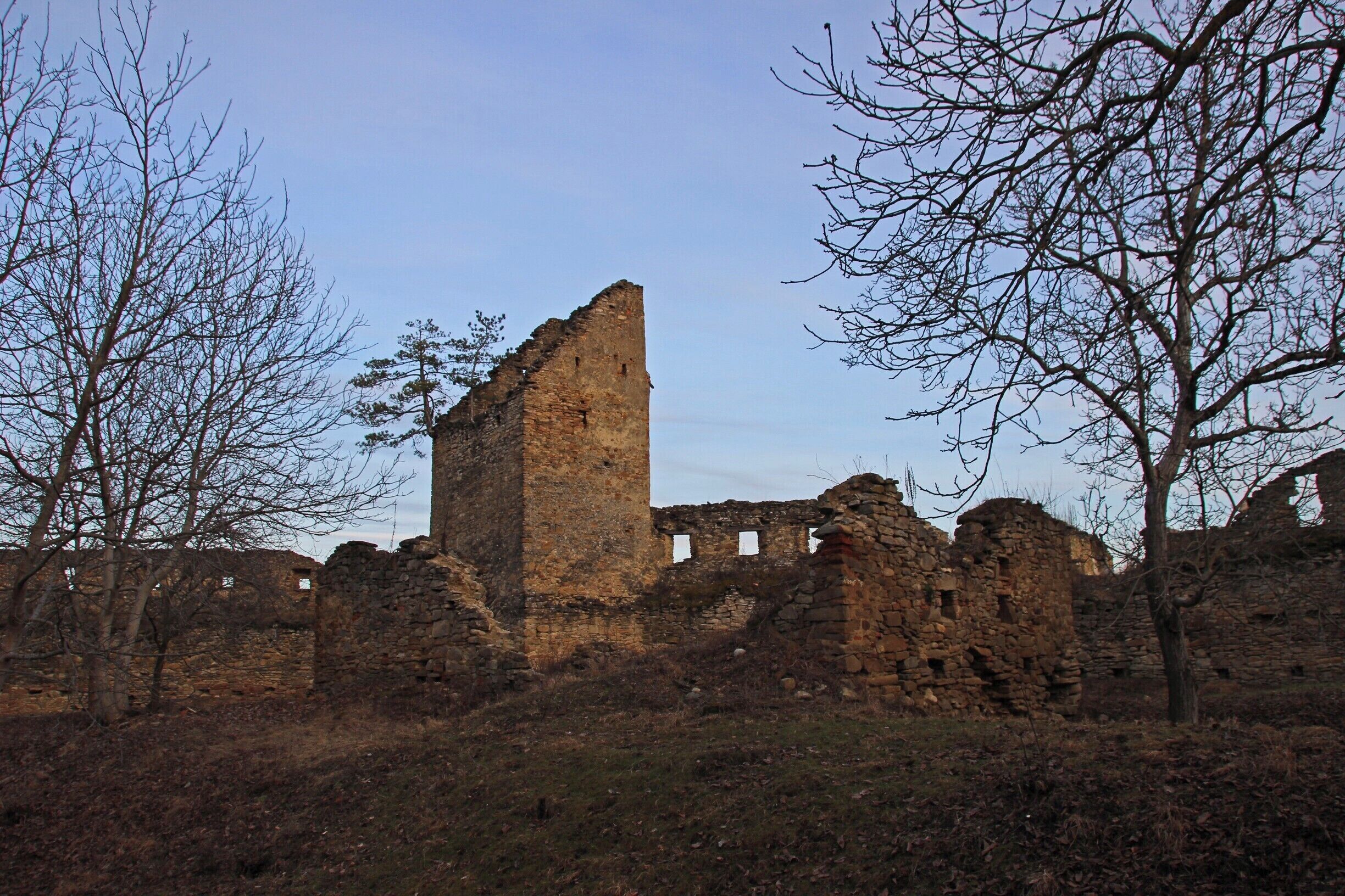 A historical stone ruin with a tall central tower, surrounded by trees and other ruins.