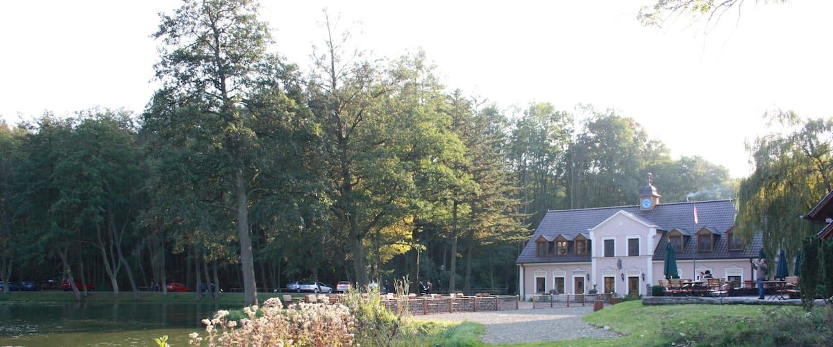 A lakeside house with a garden, a pathway, and a dock.