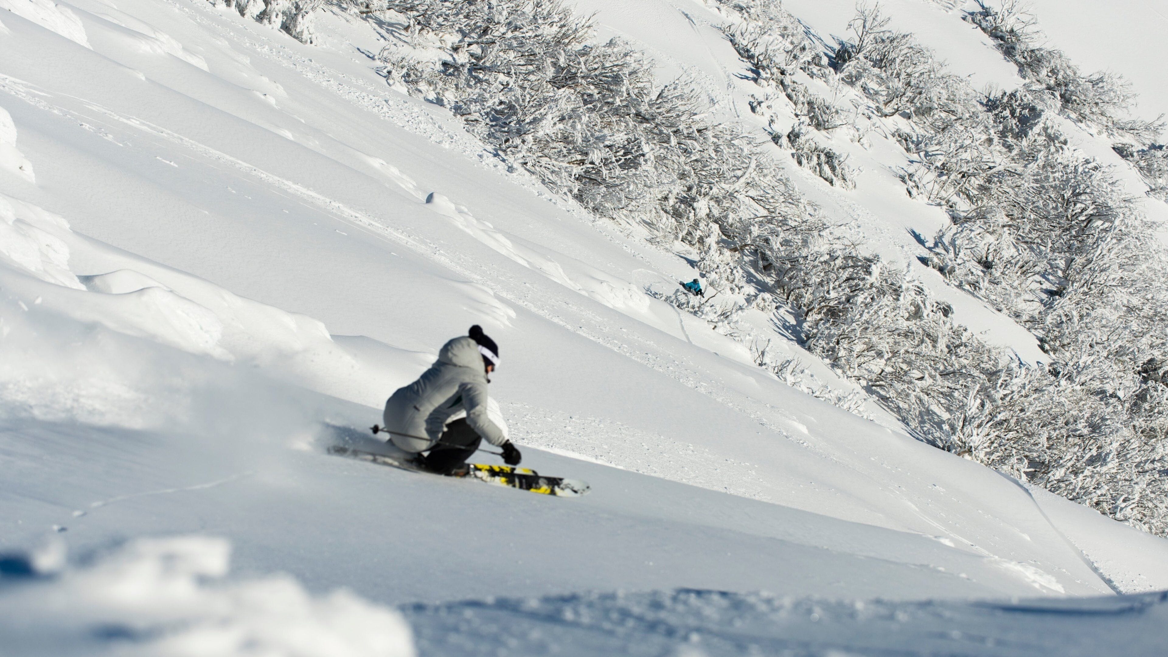 A snowboarder descending a snowy slope with trees in the background.