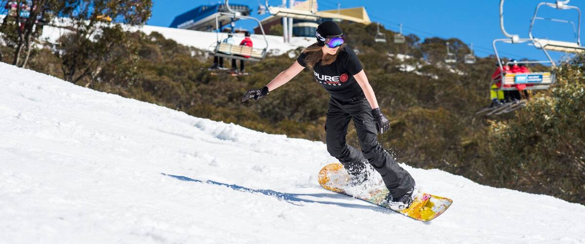 Mt. Buller Ski Slopes showing snowboarding, snow and a gondola