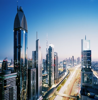 Skyscrapers and road networks at dusk