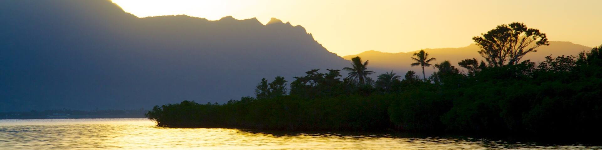 Port Denarau que incluye vista general a la costa y un atardecer
