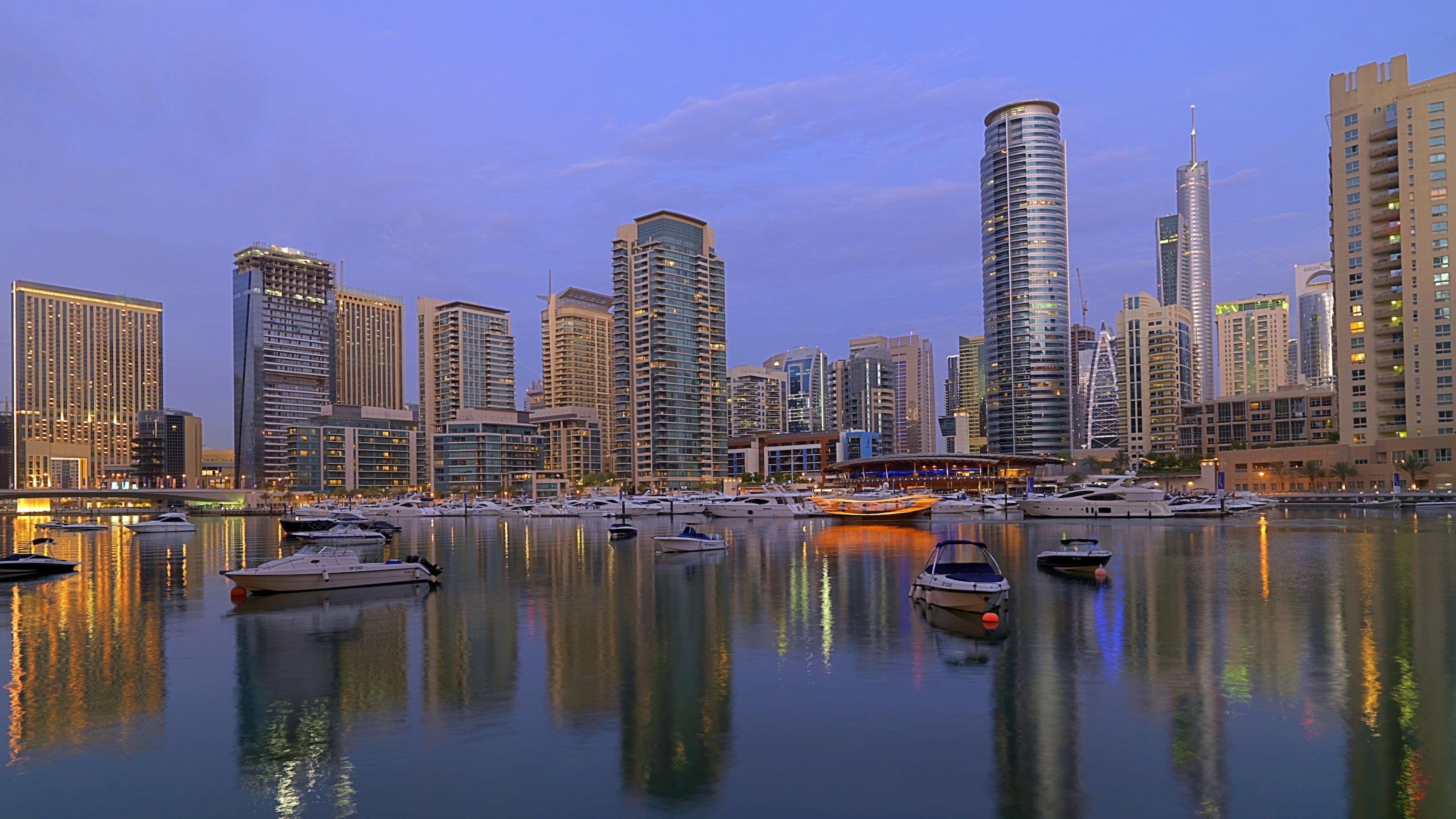 Dubai Marina showing city views, a marina and skyline