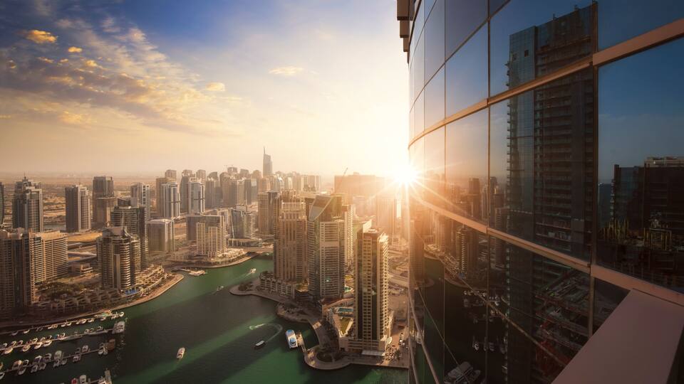 The skyline of Dubai Marina at sunset