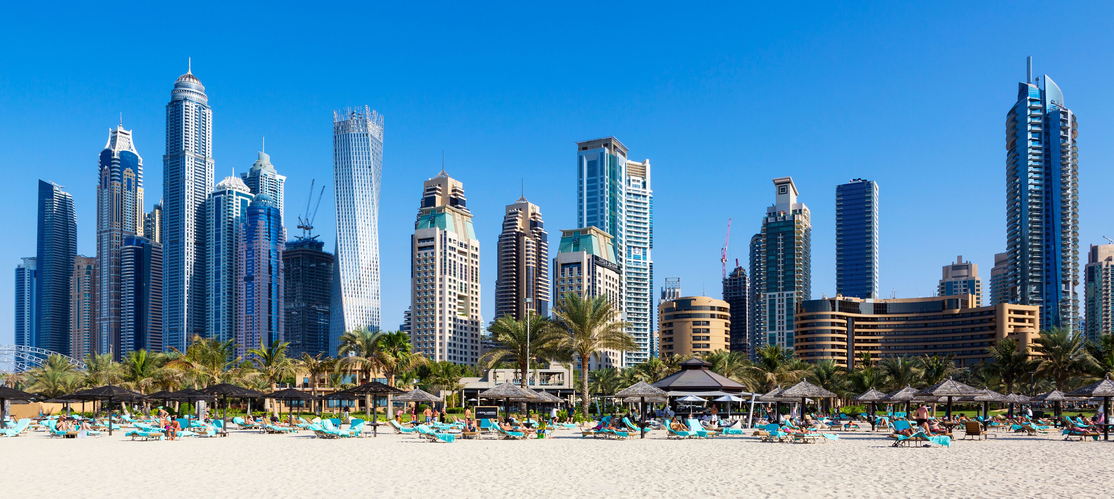Praia com palmeiras e um horizonte urbano com edifícios altos.