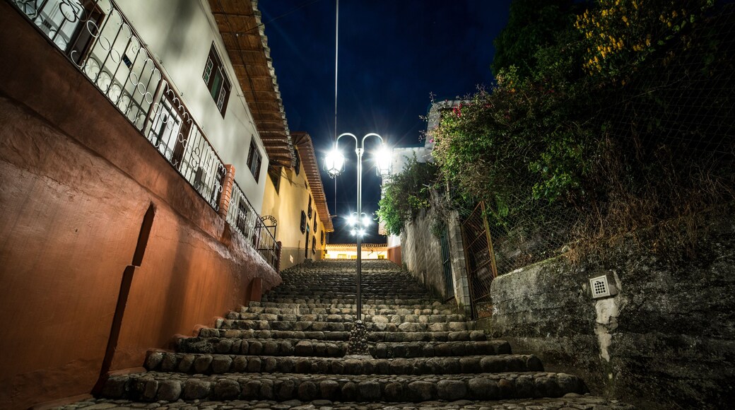 Cobblestone stairs at night with colonial architecture Villa de Leyva Colombia