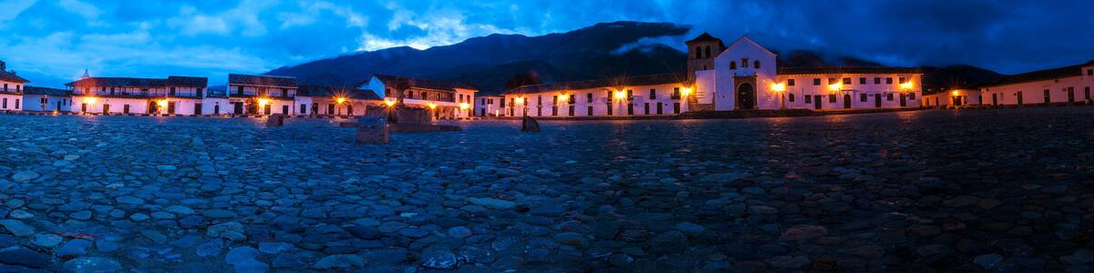 Panoramic at dawn of the Central Plaza of Villa de Leyva Boyaca Colombia