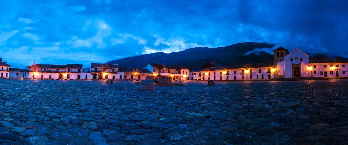 Panoramic at dawn of the Central Plaza of Villa de Leyva Boyaca Colombia