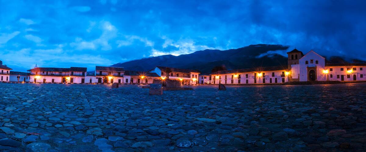 Panoramic at dawn of the Central Plaza of Villa de Leyva Boyaca Colombia