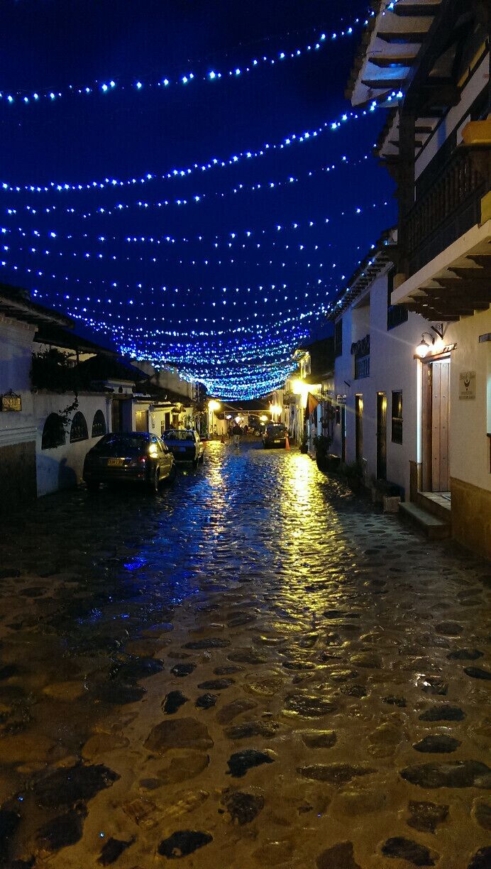 Christmas lights create a magical night time scene just off the Plaza Mayor. The little town of Villa de Leyva is perfect for wandering around and exploring.