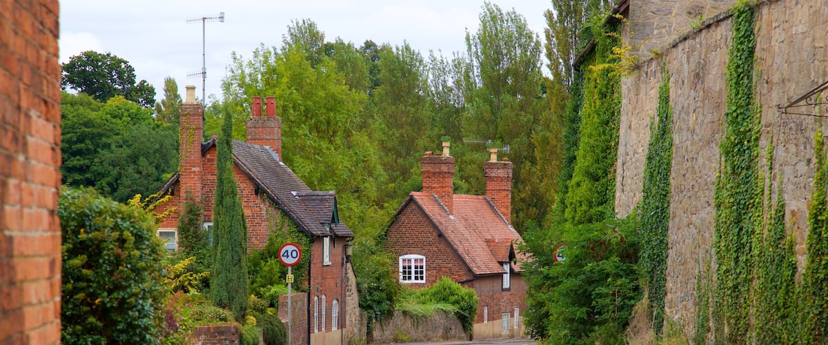 A narrow rural road flanked by traditional brick houses with red roofs, surrounded by lush greenery and trees.