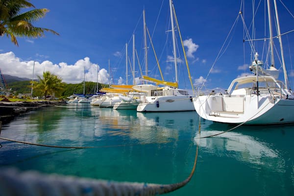 Tahiti presenterar en hamn eller havsbukt, segling och tropisk natur
