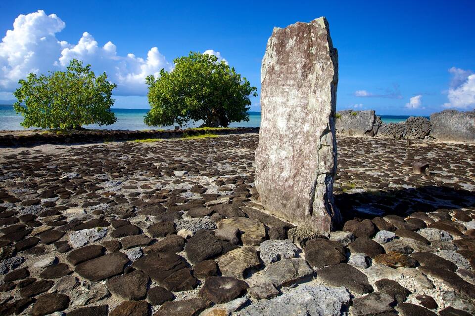 Una playa rocosa con un gran pilar de piedra, dos árboles y el océano al fondo.
