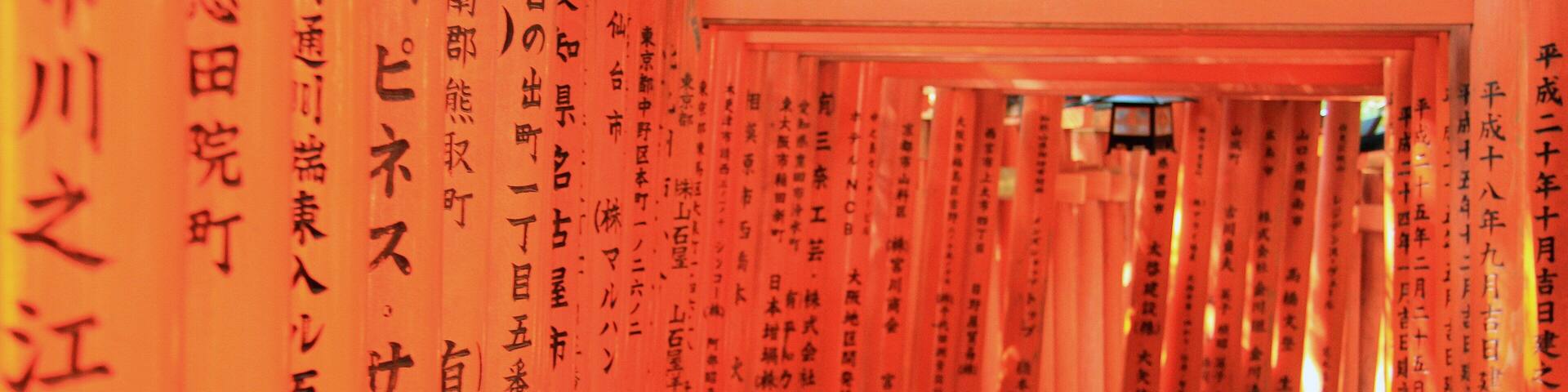 Un sendero flanqueado por torii de color naranja con inscripciones japonesas.