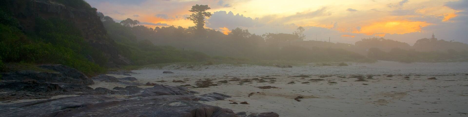 Pambula Beach showing general coastal views and a sunset