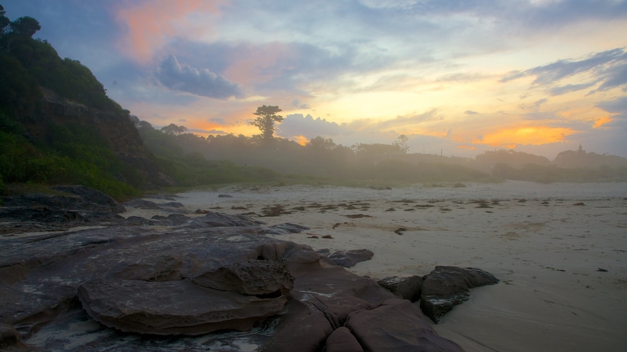 Pambula Beach showing general coastal views and a sunset