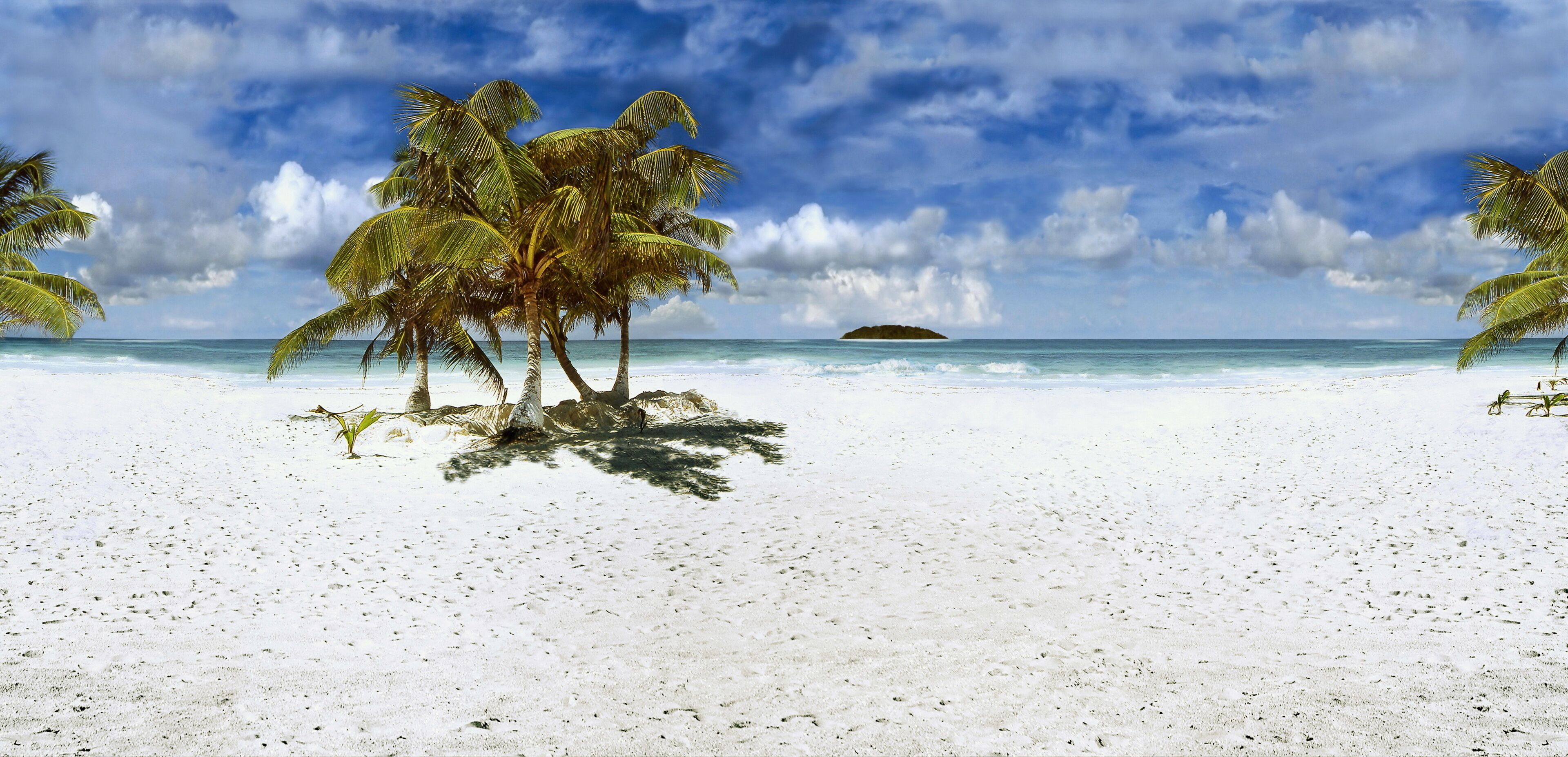 A beach with white sand, palm trees, and a small island in the ocean.