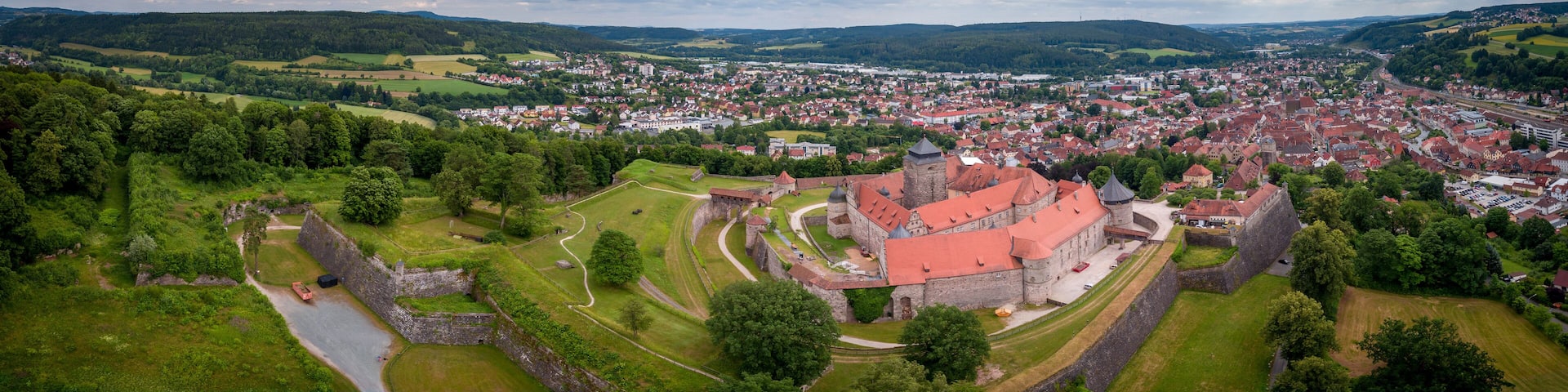 Aerial panorama of famous German castle and town Kronach in Bavaria Germany