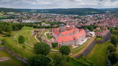 Aerial panorama of famous German castle and town Kronach in Bavaria Germany