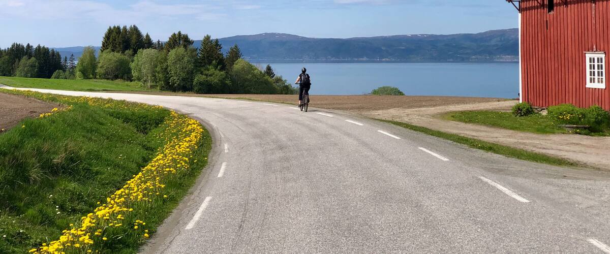 A cyclist on a road with a red barn and a lake in the background.