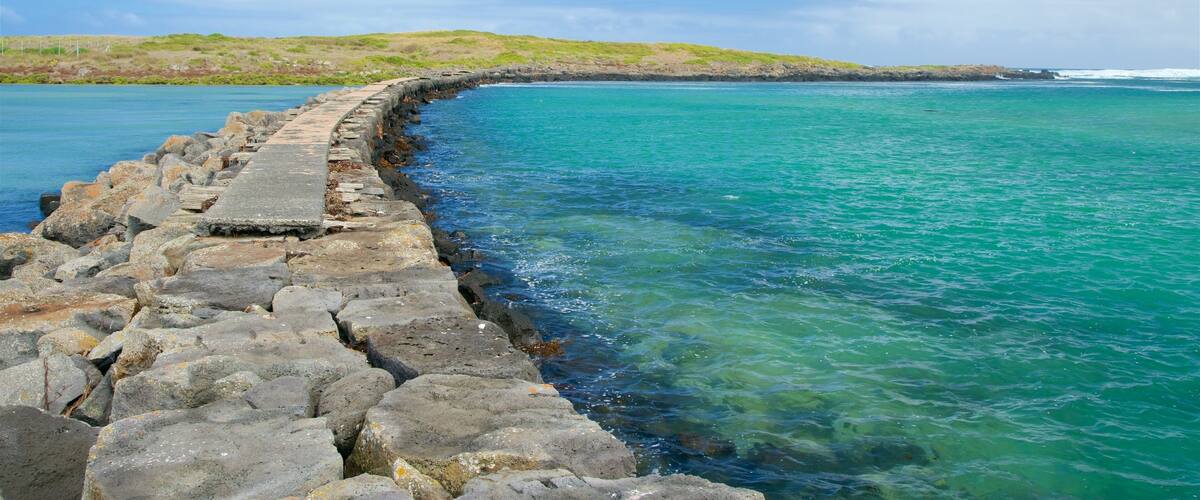 A stone seawall by a turquoise sea with a green hill in the background.