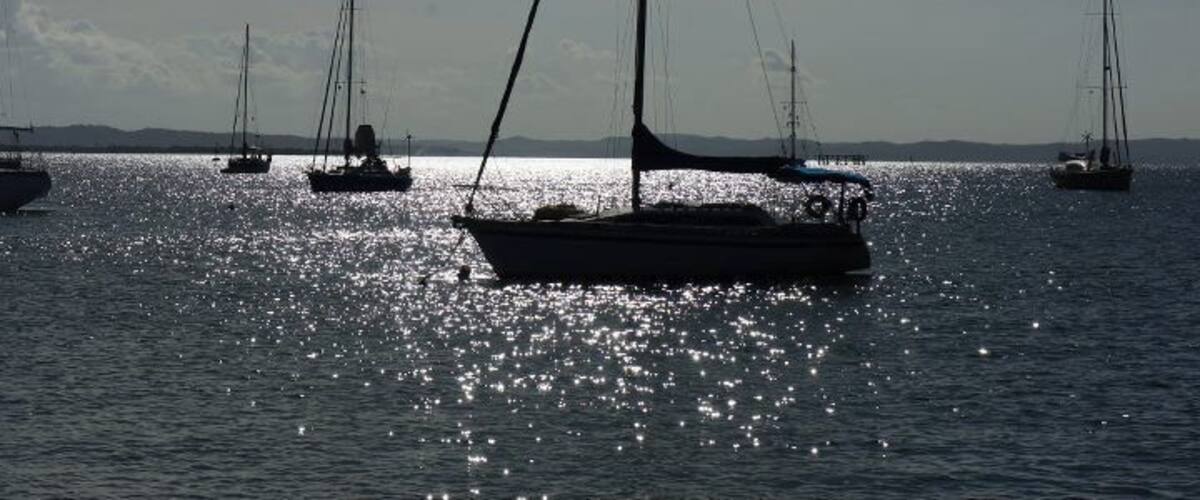 A calm sea with several sailboats.