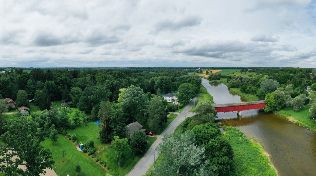 Aerial panorama of Montrose Covered Bridge, Ontario, Canada