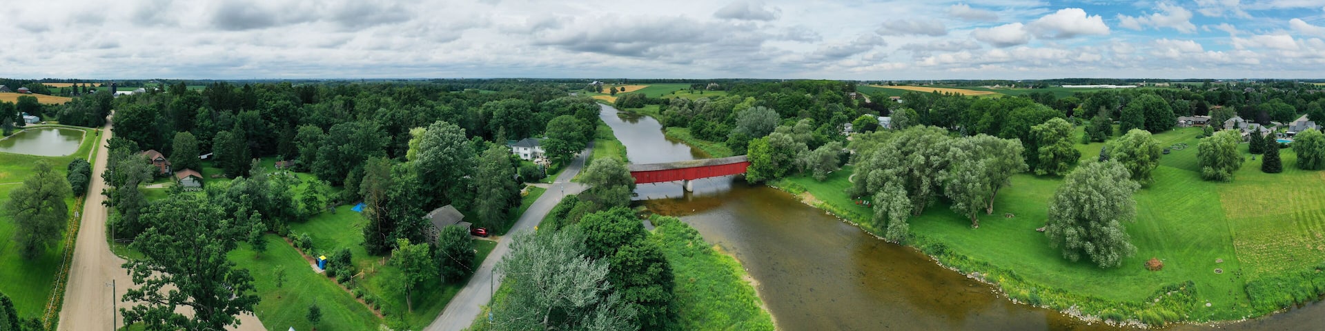 Aerial panorama of Montrose Covered Bridge, Ontario, Canada