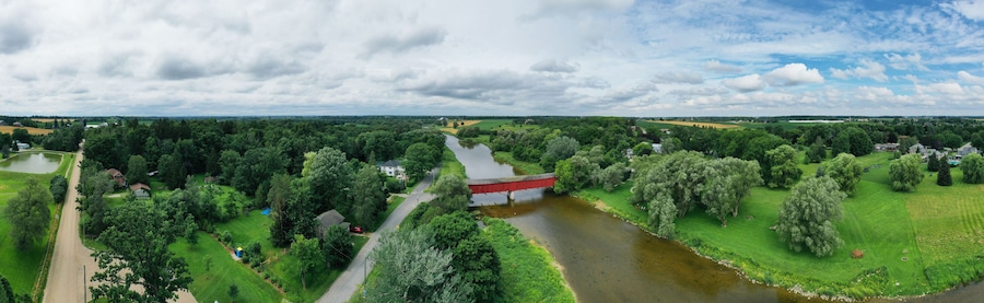 Aerial panorama of Montrose Covered Bridge, Ontario, Canada
