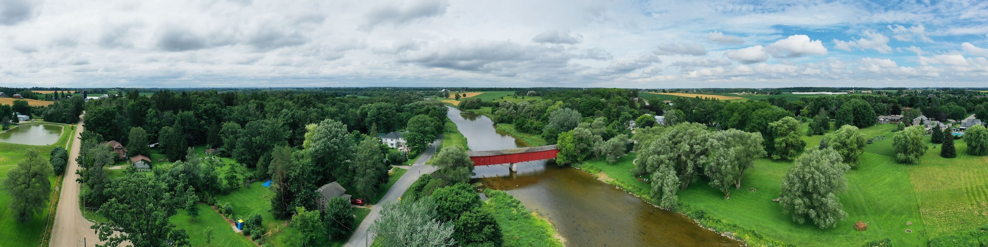 Aerial panorama of Montrose Covered Bridge, Ontario, Canada