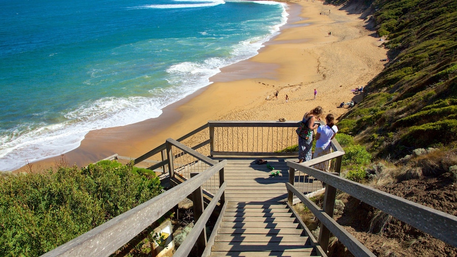 Bell\'s Beach which includes a sandy beach and views as well as a small group of people