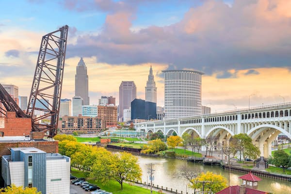 View of downtown Cleveland skyline in Ohio USA