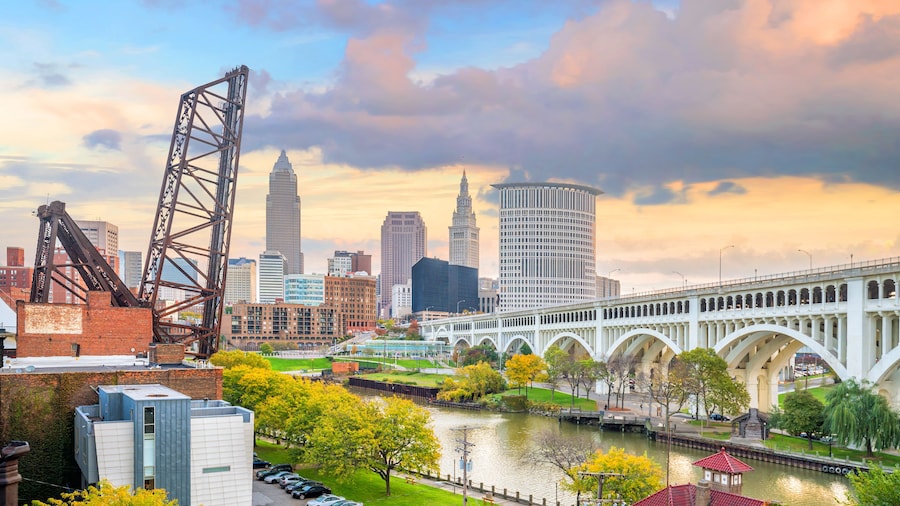 View of downtown Cleveland skyline in Ohio USA