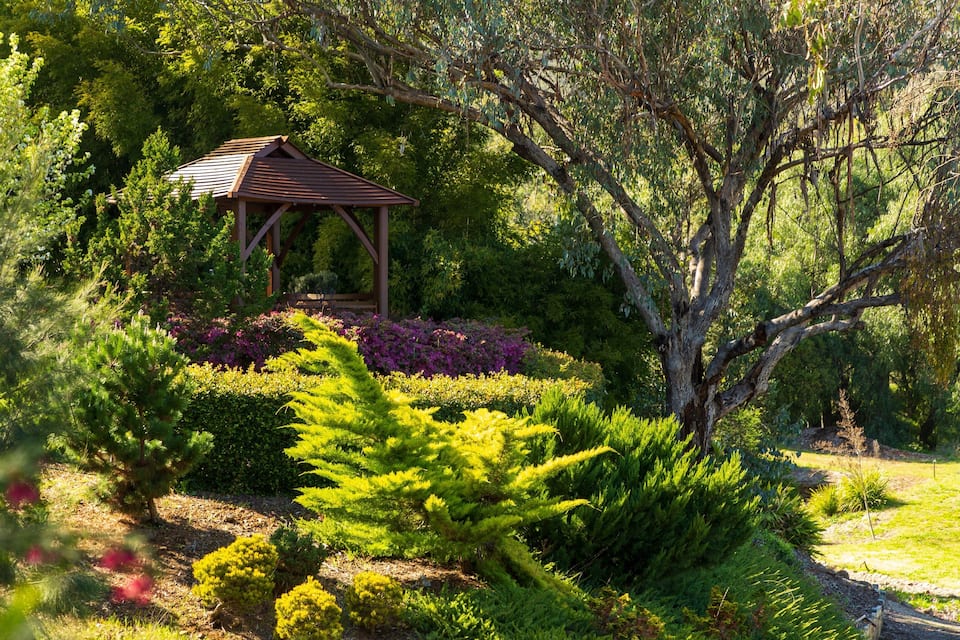 A wooden gazebo surrounded by lush greenery and flowering plants.
