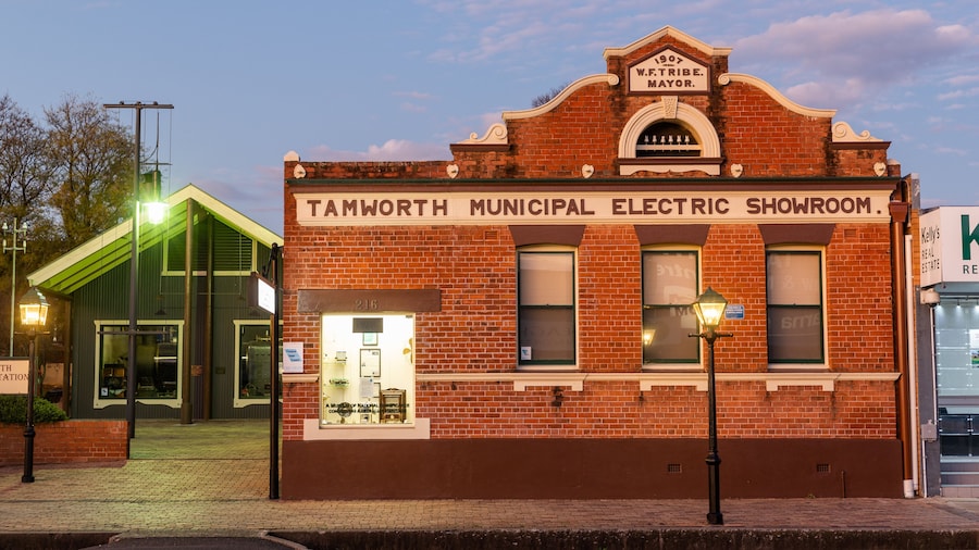 Tamworth Power Station Museum featuring a small town or village, heritage elements and signage