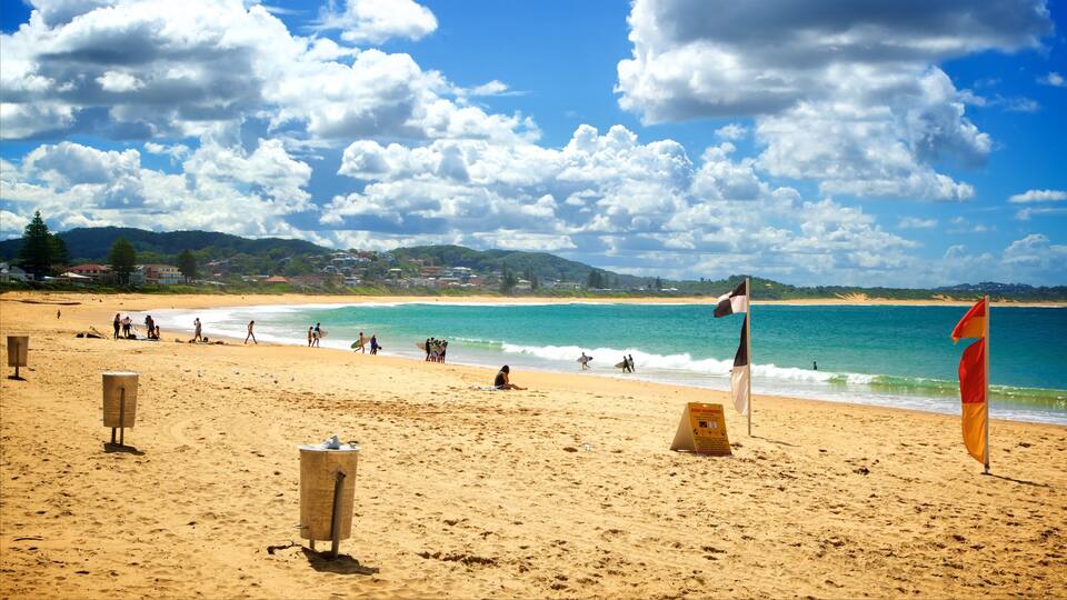 A sandy beach with clear blue water, a lifeguard flag, and a distant shoreline with houses.