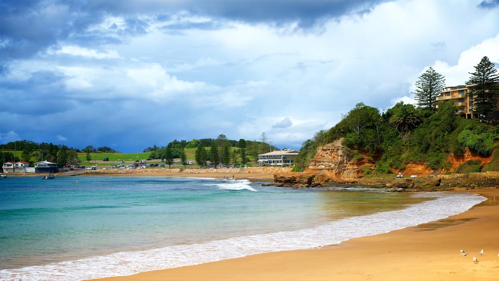 A beach with clear turquoise water, a sandy shore, and a rocky cliff with greenery.