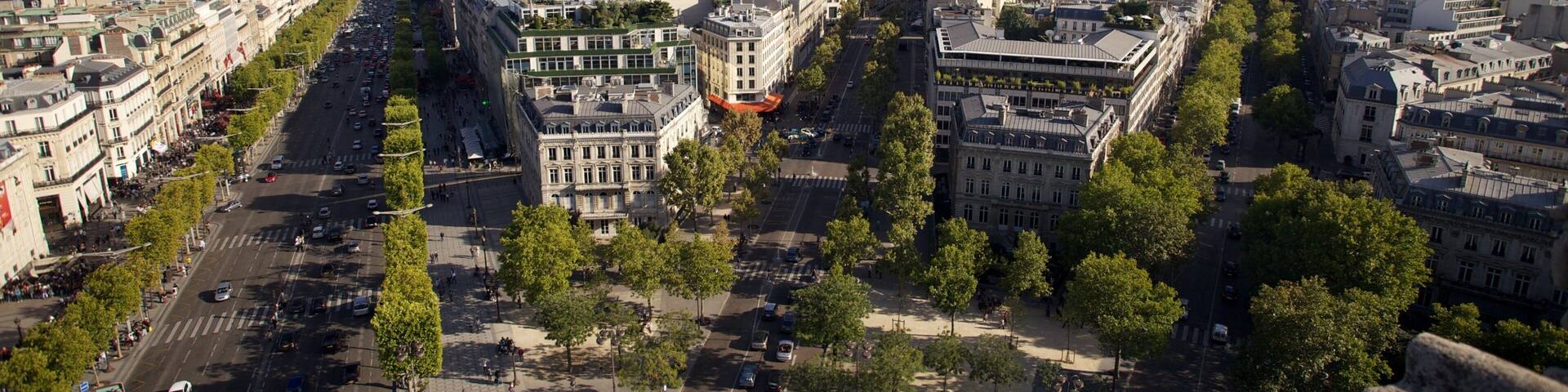 A panoramic view of Paris, featuring the Eiffel Tower, Champs-Élysées, and the Arc de Triomphe.